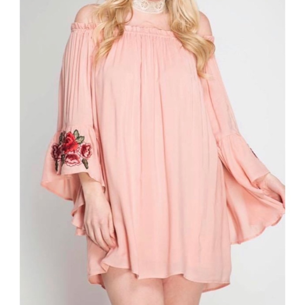 She + Sky pink dress with floral accented sleeves